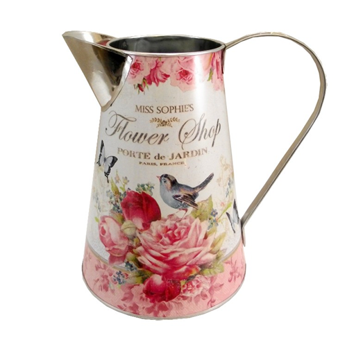 Metal Jug x 21cm -  Pink Vintage Flower Shop Print 