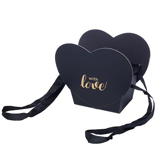 Black Heart Shaped Flower Box with Handles & Gold Lettering - with Love
