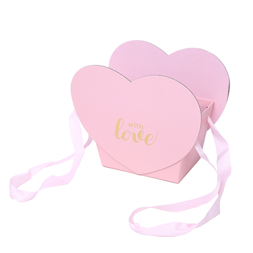 Pink  Heart Shaped Flower Box with Handles & Gold Lettering - with Love
