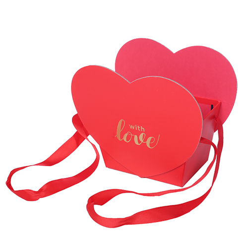 Red Heart Shaped Flower Box with Handles & Gold Love