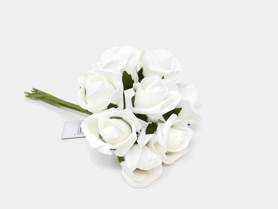 8 Head Miniature Foam Rose Bud Bunch - White