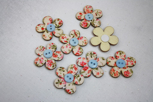 Wooden Floral Flower & Button Stick On x 8