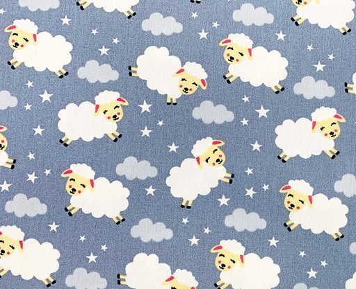 1 Metre Childrens Sleepy Sheep with stars on Grey 100% Cotton Fabric 43" Width