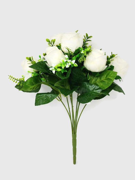 9 Head White Rose & Mixed Foliage Bush x 42cm