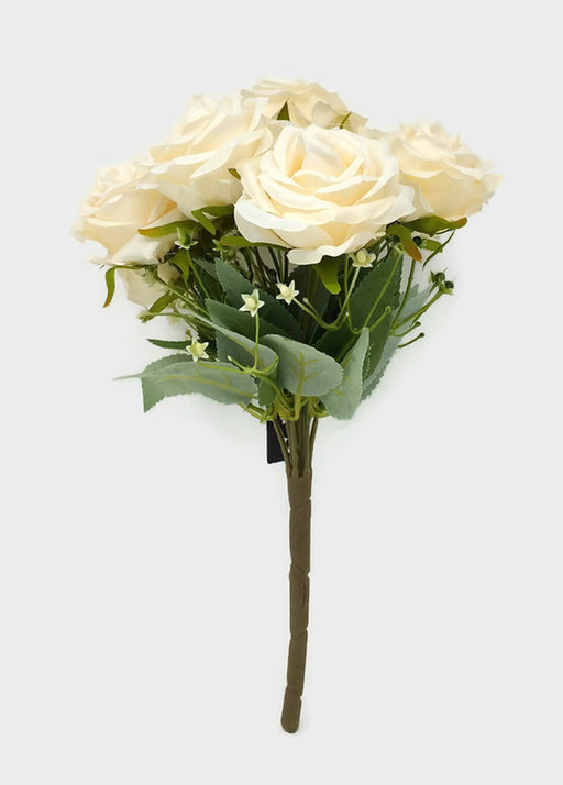 9 Head Rose & Blossom Bush x 31cm - Ivory