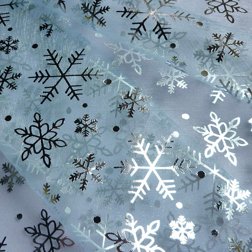 1 metre Organza Fabric with Silver Snowflake x 137cm - Turquoise