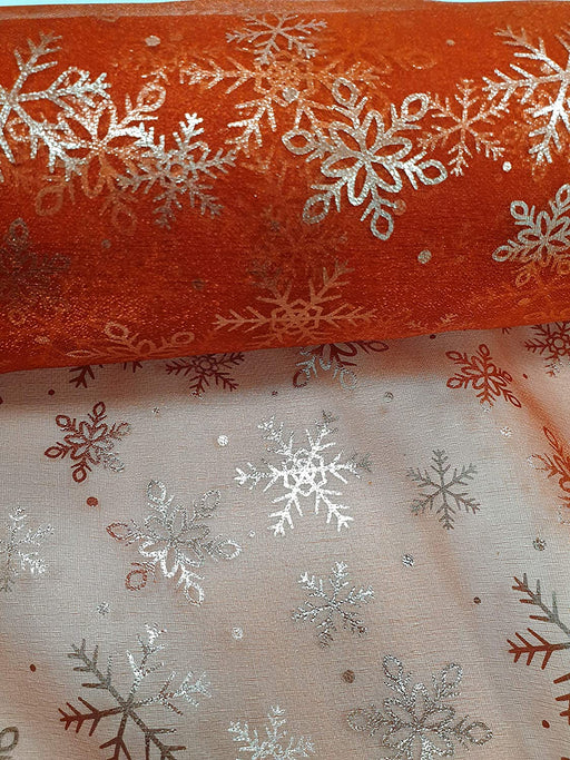 1 metre Christmas Red Organza Fabric with Silver Snowflake x 53" Width - c7135