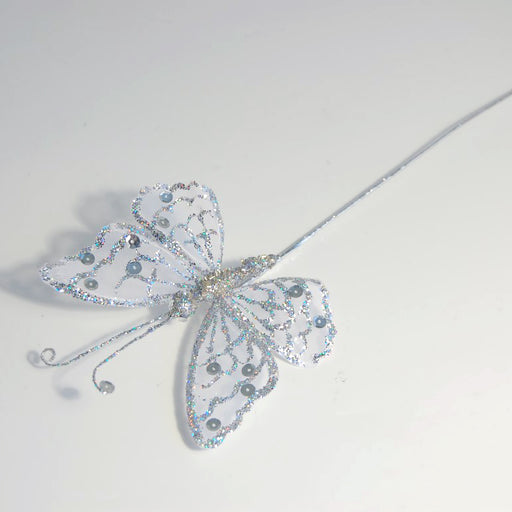 Sequin Glitter Butterfly Pick - Silver & White