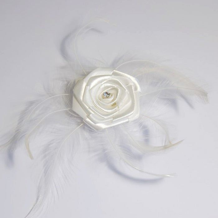 Pin Clip Ribbon Rose With  Diamante Feather - Ivory