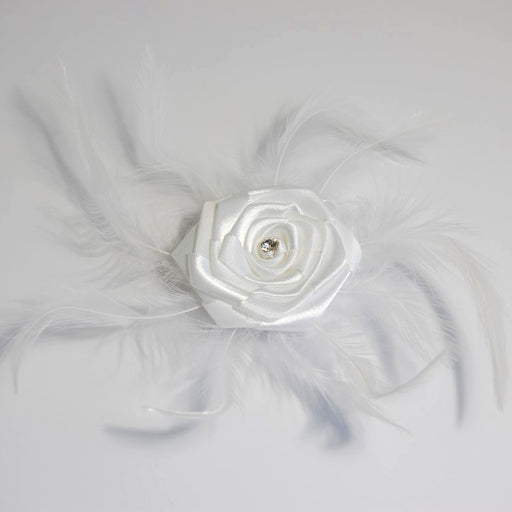 Pin Clip Ribbon Rose With  Diamante Feather - White