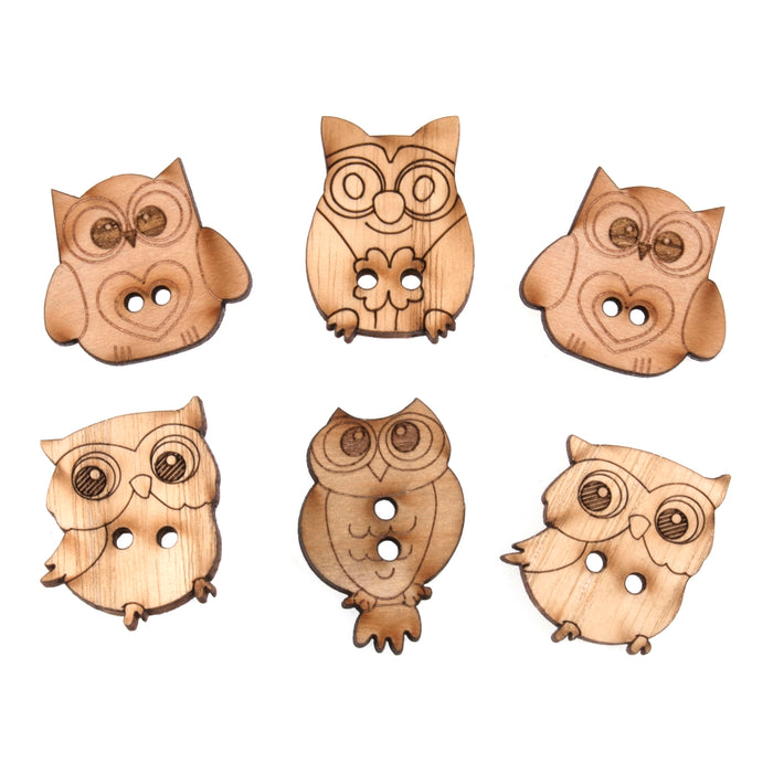 Novelty Wooden Buttons Pack of 6 - Owls