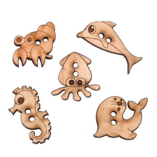 Novelty Wooden Buttons Pack of 5 - Sea Life