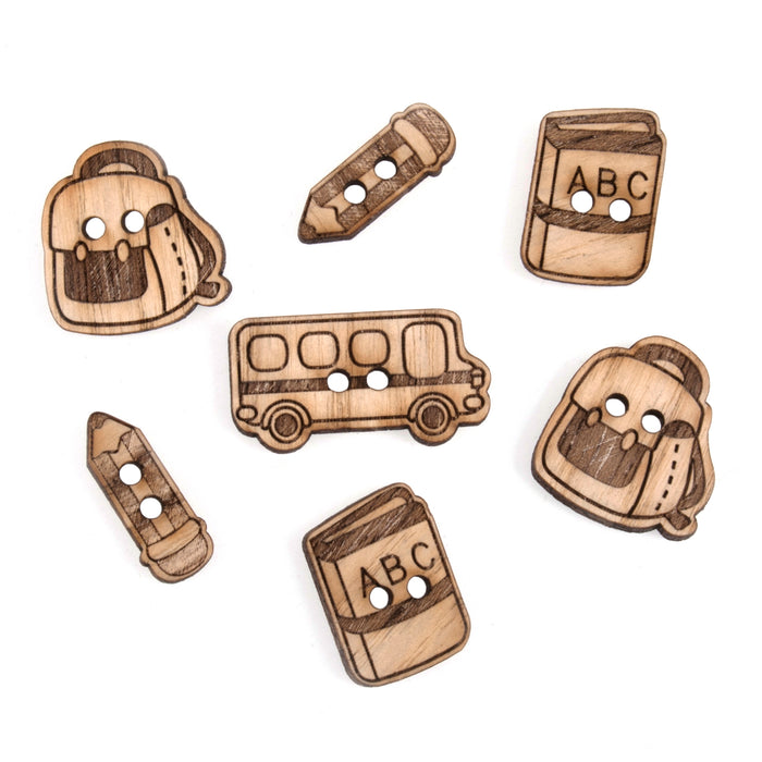 Novelty Wooden Buttons Pack of 7 - School Days