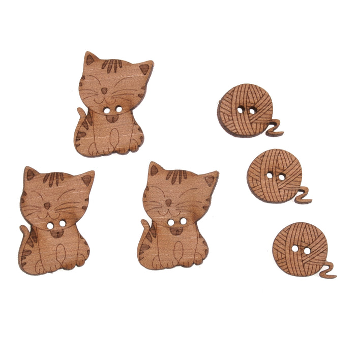 Novelty Wooden Buttons Pack of 6 - Cats