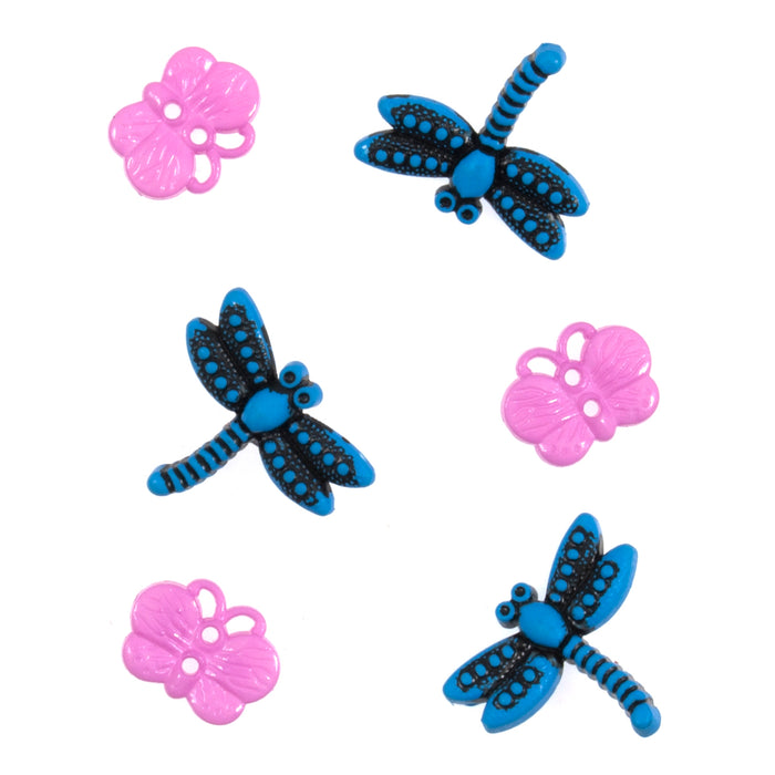 Novelty Craft Buttons, Dragonfly & Butterflies - Blue and Pink ,Pack of 6