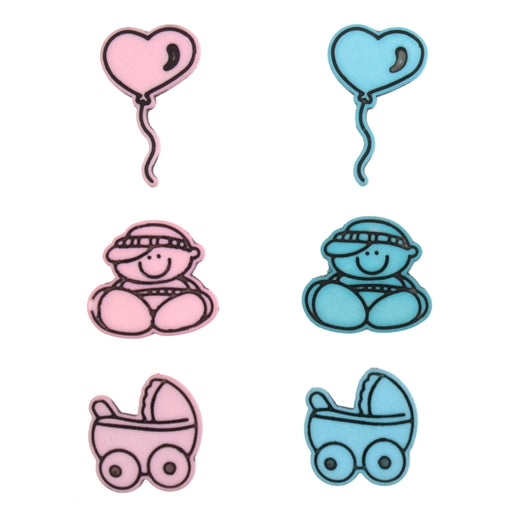 Novelty Craft Buttons, Pram / Mother and Hearts in Blue and Pink, Pack of 6