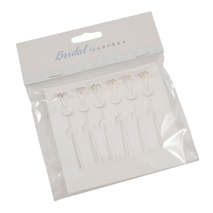 Pins with Diamante Flower  9mm x 72mm  Pack of 6 - Silver