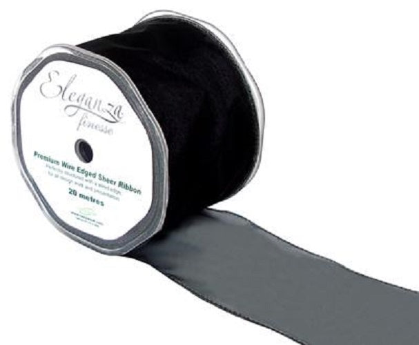 70mm x 20m Wired Chiffon Organza Ribbon - Black