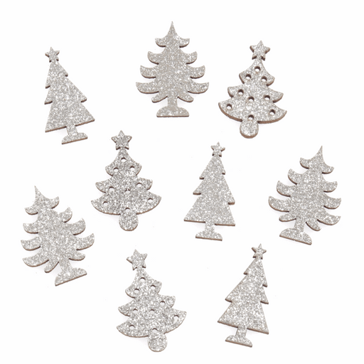 Craft Embellishment - Wooden Silver Glitter Tree - Pack of 9