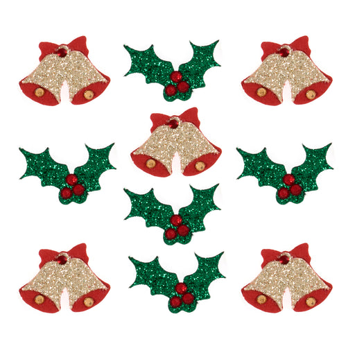 Craft Embellishments - Glitter Bells and Holly: 10 Pieces