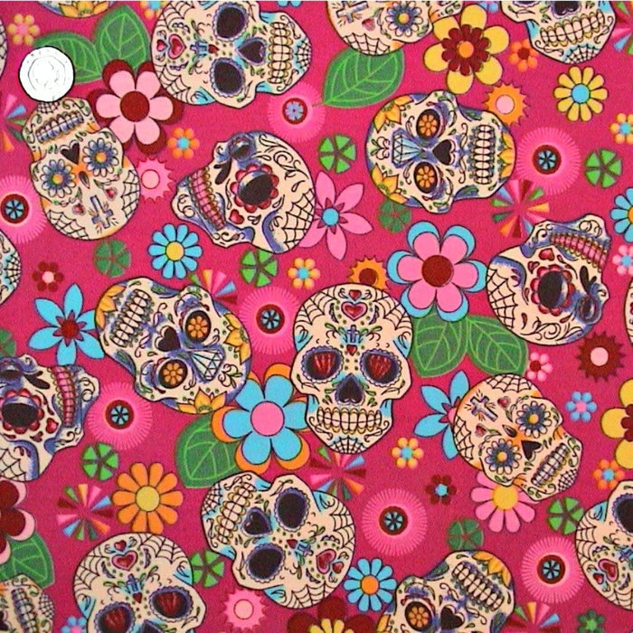 1 Metre 100% Cotton Poplin Fabric x 112cm / 44" -  Cerise Floral Skull - C312