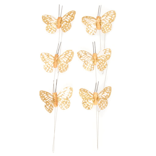 6 Gold Glitter Wired Butterflies