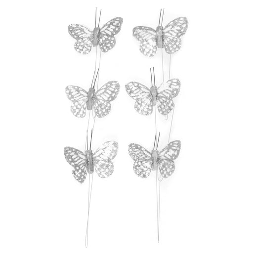 6 Silver Glitter Wired Butterflies
