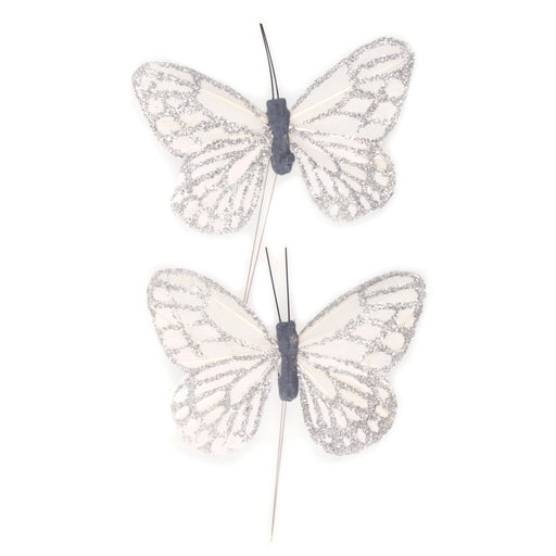 Pack of 6 Glittered Silver Butterflies on Wire