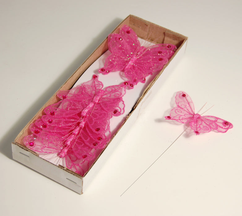 Pink Glitter & Diamante Butterflies on Wire - Pack of 6
