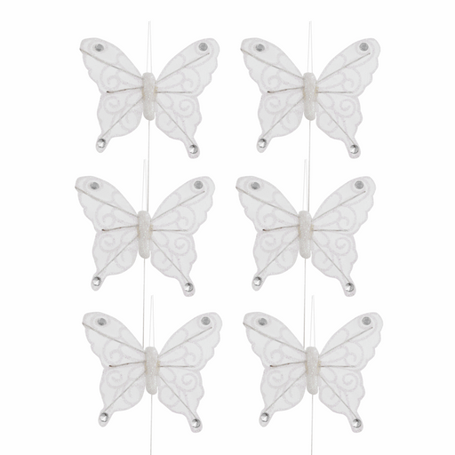 White Glitter & Diamante Butterflies on Wire - Pack of 6