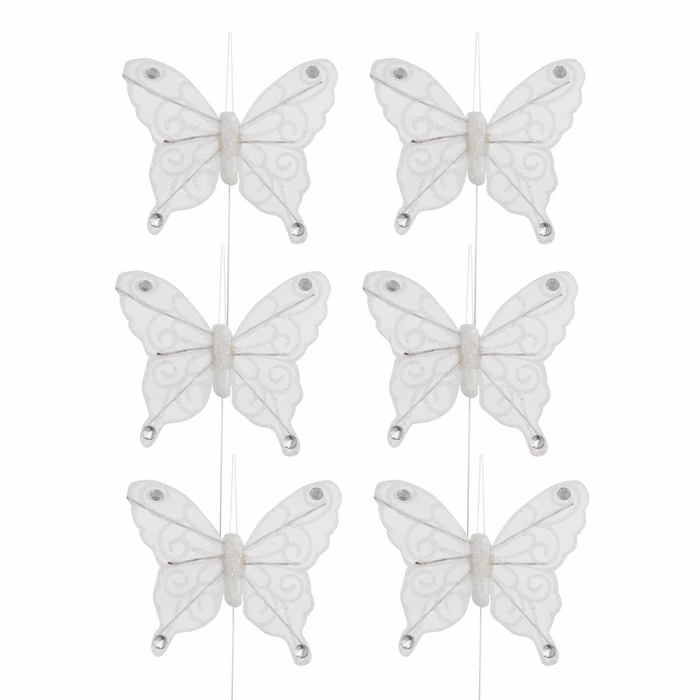 White Glitter & Diamante Butterflies on Wire - Pack of 6