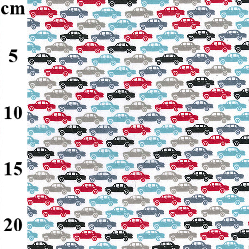1 Metre Cars, Grey, Red, Blue, Black Polycotton Fabric on Ivory Background x 110cm / 43"