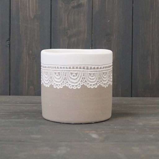 Grey Cylinder Pot with Embossed Lace Rim - H:11.3 x Ø:12cm