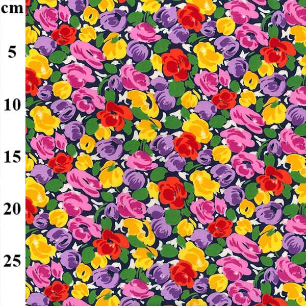 Dark 100% Cotton Watercolour Painted Look Style Flower Print x 45" - 1 Metre