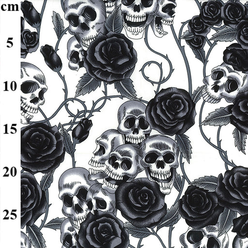 100% Cotton Fabric x 110cm/44" - Skulls with Black Roses