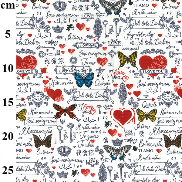 100% Cotton Poplin Tattoo Lovers Fabric - Hearts, Butterflies & Quotes x  110cm (44 inches) - Sold by the Metre