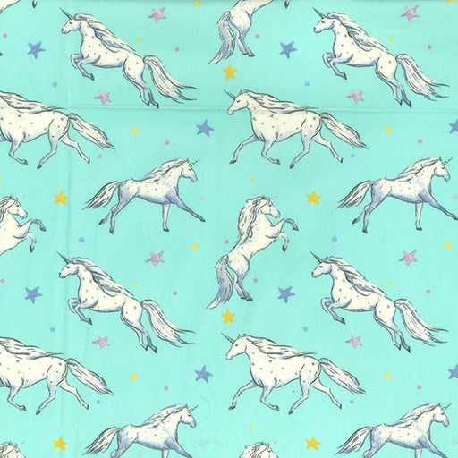 100% Cotton Fabric x 110cm/44" - Galloping Unicorns on Aqua Background