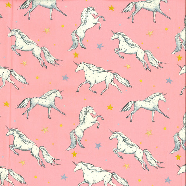 100% Cotton Fabric x 110cm/44" - Galloping Unicorns on Pink Background