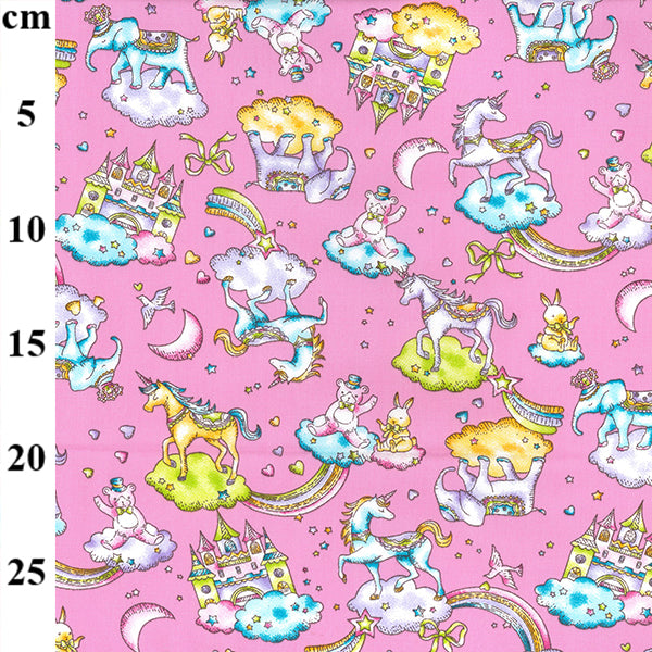 Pink Fairytale, Princess Castle and Unicorn, 1 Metre 100 % Cotton Poplin Fabric Width: 110cm (44 inches) T133