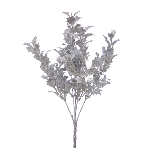 5 Stem Glittered Holly Bush x 30cm - Silver