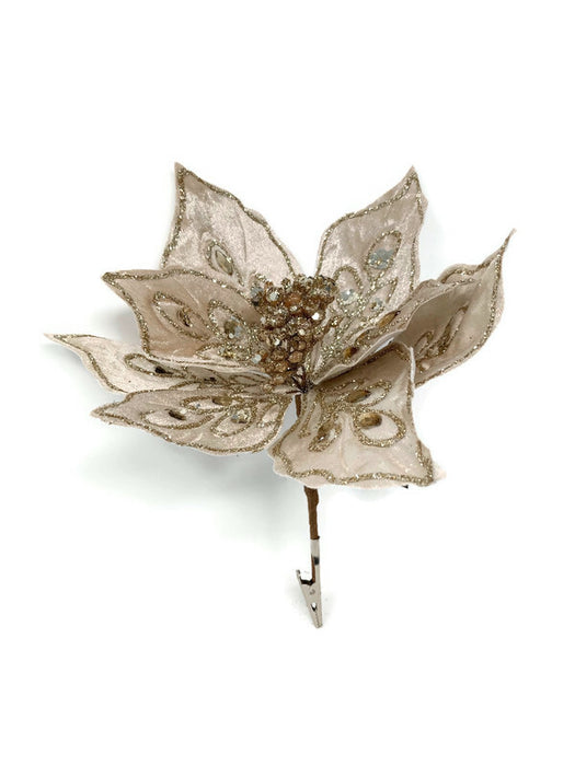 Clip On Glitter & Sequin Velvet Poinsettia x 25cm - Ivory