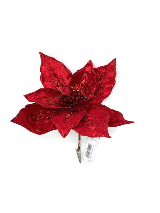 Clip On Glitter & Sequin Velvet Poinsettia x 25cm - Red