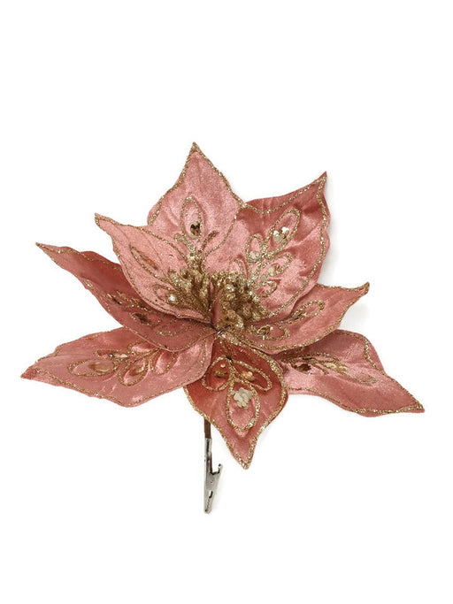Clip On Glitter & Sequin Velvet Poinsettia x 28cm - Dusky Pink