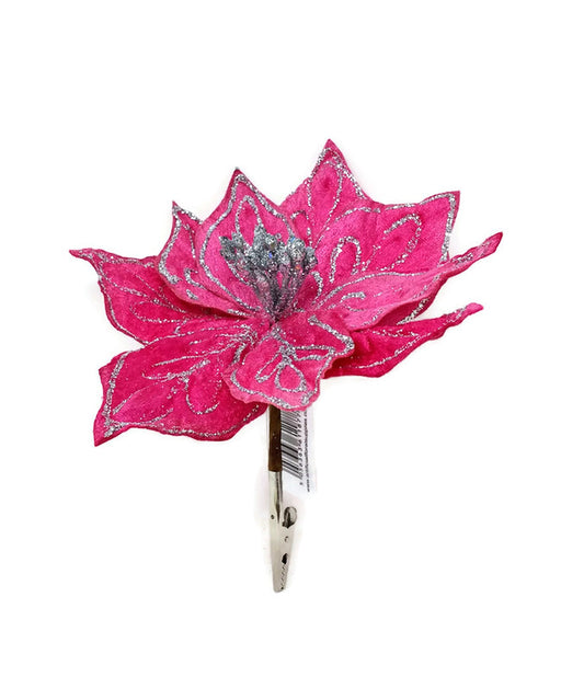Clip On Glitter Velvet Poinsettia x 18cm - Hot Pink