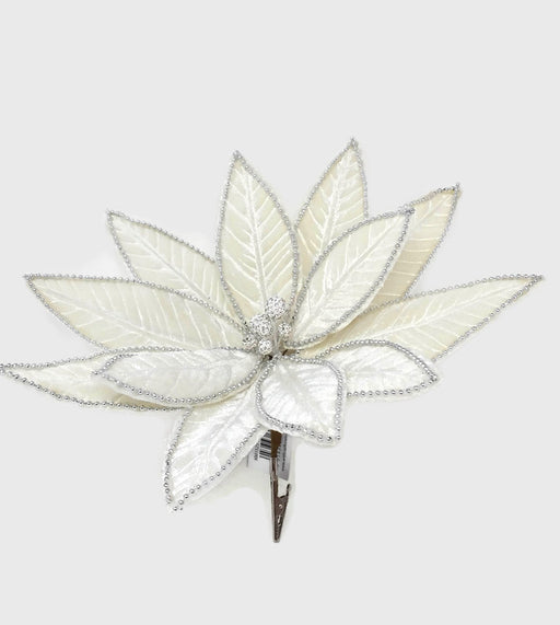 Clip On Ivory Velvet Poinsettia with Silver Bead Edging x 28cm