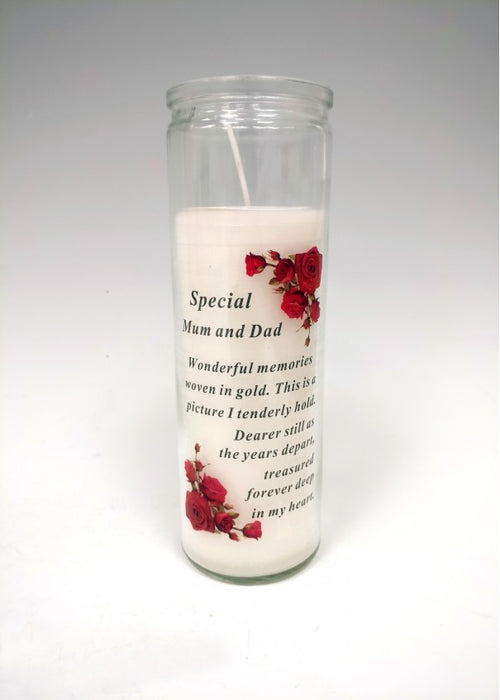 Glass Vase Memorial Candle - Length 18cm - Special Mum & Dad