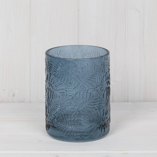 Blue Embossed Leaf Glass Pot - H12.5cm  x Ø10cm