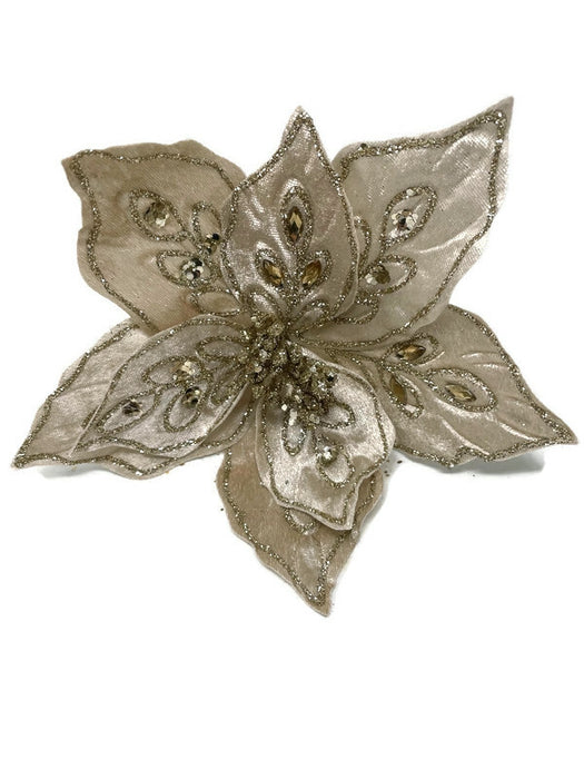 Clip On Glitter & Sequin Velvet Poinsettia x 25cm - Ivory
