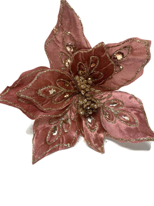 Clip On Glitter & Sequin Velvet Poinsettia x 25cm - Dusky Pink