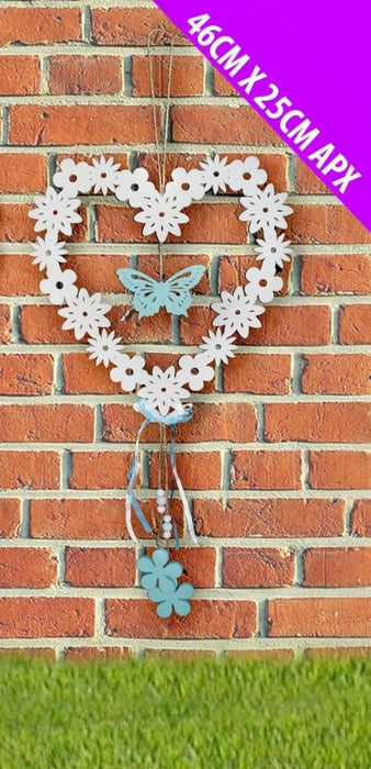 Large Flower & Butterfly Wooden Heart Hanger - Blue